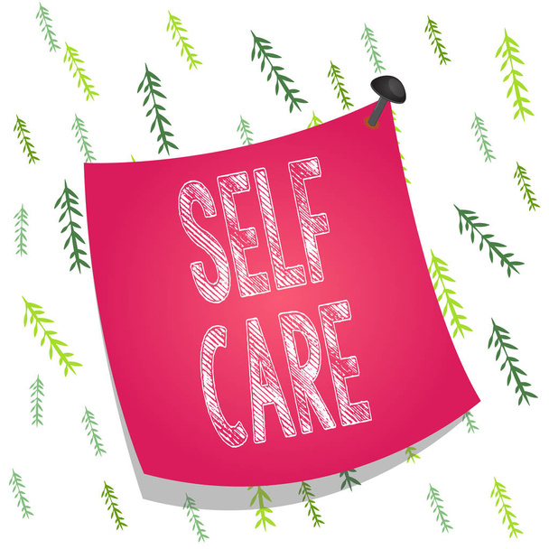 Handwriting text Self Care. Concept meaning the practice of taking action to improve one s is own health Curved reminder paper memo nailed colorful surface stuck blank pin frame. - Photo, Image