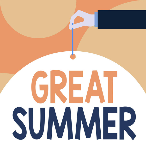 Text sign showing Great Summer. Conceptual photo Having Fun Good Sunshine Going to the beach Enjoying outdoor Male hand arm needle punching big half blank balloon geometrical background. - Photo, Image