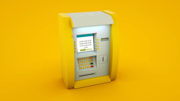 Bankomat banku bankomatu izolowane na żółtym tle. Ilustracja 3D - Zdjęcie, obraz