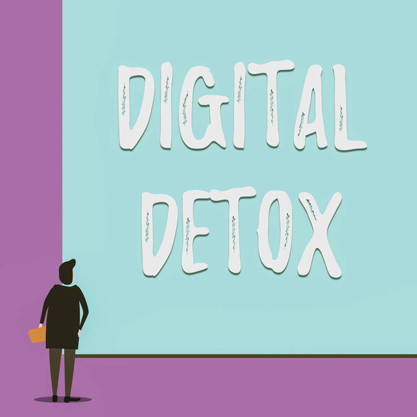 Conceptual hand writing showing Digital Detox. Business photo showcasing Free of Electronic Devices Disconnect to Reconnect Unplugged Back view young woman watching blank big rectangle. - Photo, Image
