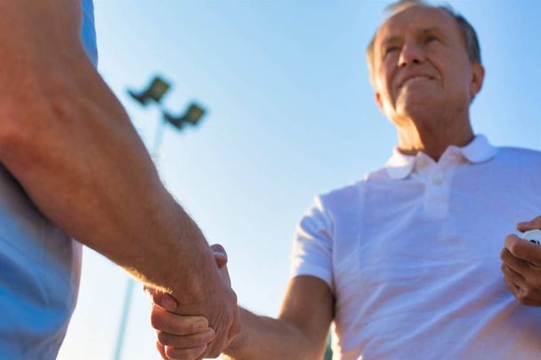 Men shaking hands while standing by tennis net against clear sky - Фото, изображение