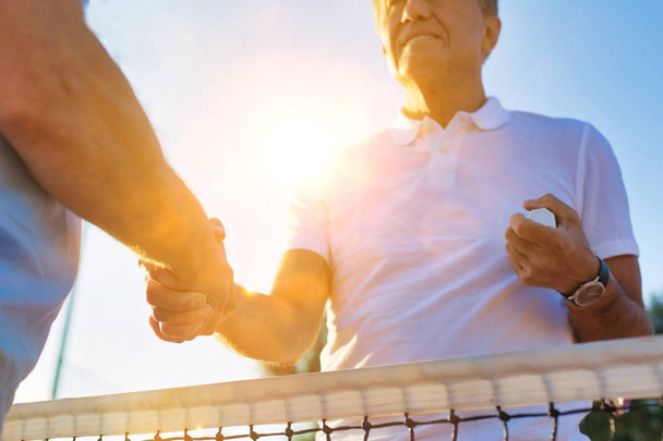 Men shaking hands while standing by tennis net against clear sky on sunny day - Foto, afbeelding