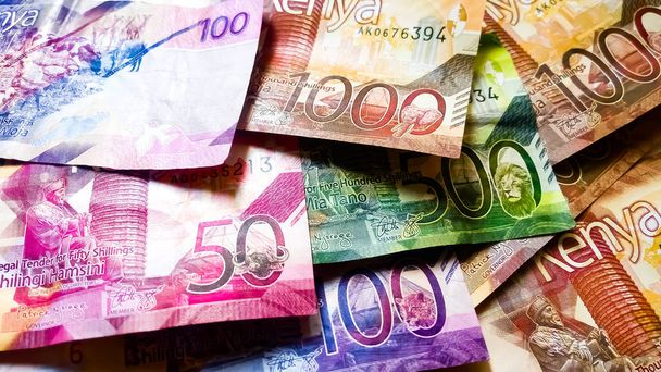 Farklı Kenya banknotları. Kenya parasından bir sürü banknot. Yüz elli şilin, beş yüz daha fazla karışık..  - Fotoğraf, Görsel