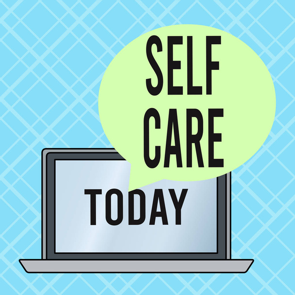 Conceptual hand writing showing Self Care. Business photo text the practice of taking action to improve one s is own health Round Shape Speech Bubble Floating Over Laptop Backdrop. - Photo, Image