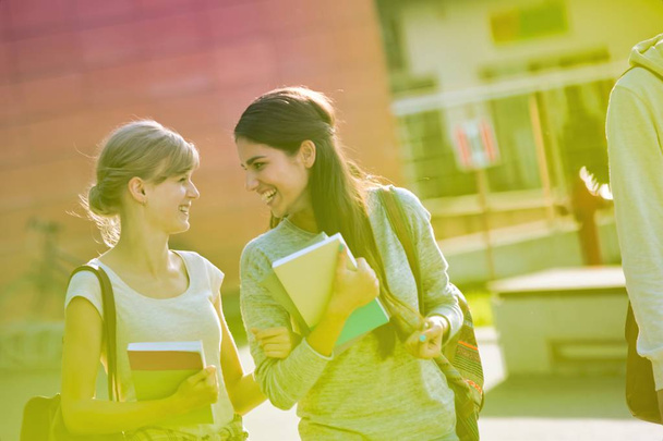 Smiling students talking while walking at campus in university - Foto, imagen