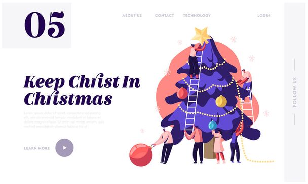 Ευτυχισμένος μικροσκοπικός άνθρωποι διακοσμούν τεράστια χριστουγεννιάτικο δέντρο ιστοσελίδα προορισμού σελίδα. Φίλοι κρέμονται μπάλες και αστέρι σε ερυθρελάτη για το νέο έτος χειμωνιάτικες διακοπές γιορτή σελίδα web banner. Εικονογραφία-επίπεδη απεικόνιση διανυσματικών - Διάνυσμα, εικόνα