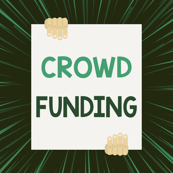 Handwriting text writing Crowd Funding. Concept meaning Fundraising Kickstarter Startup Pledge Platform Donations Two hands holding big blank rectangle up down Geometrical background design. - Photo, Image