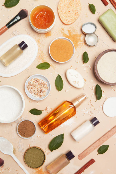 Natural organic cosmetic flat lay. Home spa concept. Skin, body and hair care products. - Photo, Image