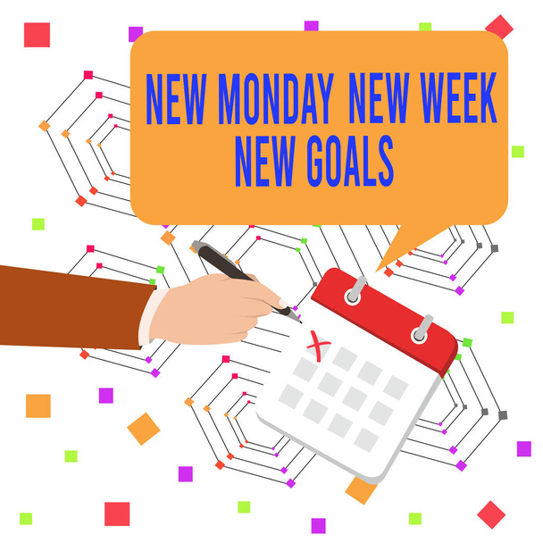 Conceptual hand writing showing New Monday New Week New Goals. Business photo text showcasing next week resolutions To do list Formal Suit Crosses Off One Day Calendar Red Ink Ballpoint Pen. - Photo, Image