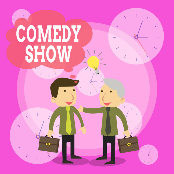 Conceptual hand writing showing Comedy Show. Business photo text Funny program Humorous Amusing medium of Entertainment Businessmen Colleagues with Brief Case Sharing Idea Solution. - Photo, Image