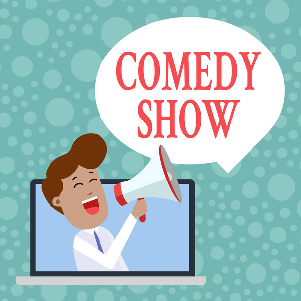 Handwriting text Comedy Show. Concept meaning Funny program Humorous Amusing medium of Entertainment Man Speaking Through Laptop into Loudhailer Blank Speech Bubble Announce. - Photo, Image