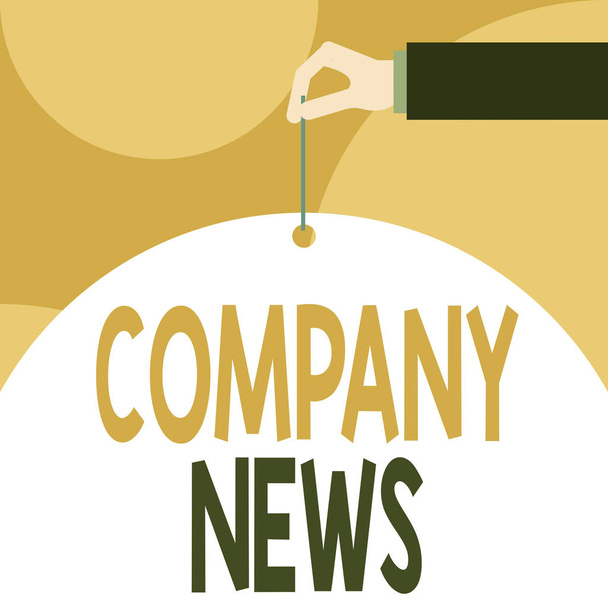 Text sign showing Company News. Conceptual photo Latest Information and happening on a business Corporate Report Male hand arm needle punching big half blank balloon geometrical background. - Photo, Image
