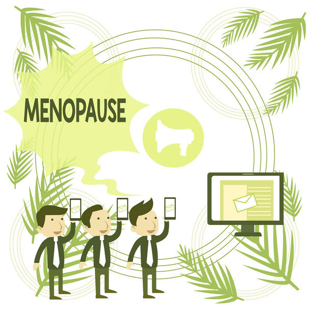Text sign showing Menopause. Conceptual photo Period of peranalysisent cessation or end of menstruation cycle SMS Email Marketing Media Audience Attraction Personal Computer Loudspeaker. - Photo, Image