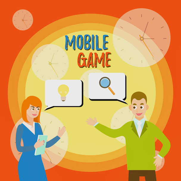 Text sign showing Mobile Game. Conceptual photo they are entertaining programs made to work on smart device Business Partners Colleagues Jointly Seeking Problem Solution Generate Idea. - 写真・画像