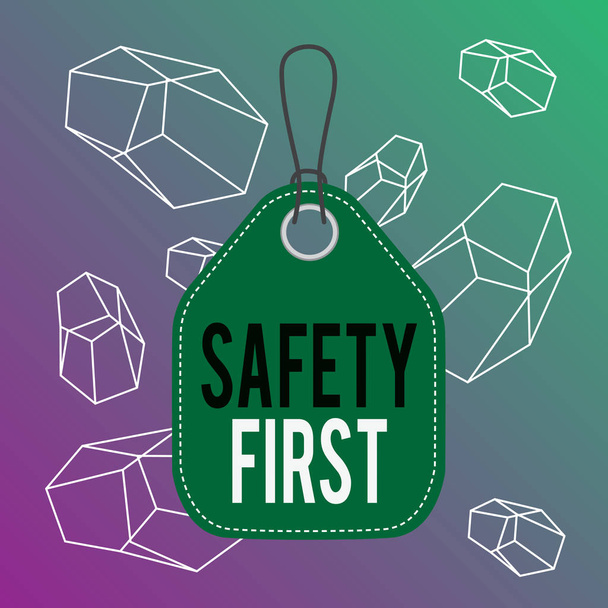 Word writing text Safety First. Business concept for Avoid any unnecessary risk Live Safely Be Careful Pay attention Empty tag blank space colorful background label rectangle attached string. - Fotó, kép