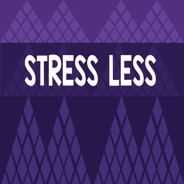 Writing note showing Stress Less. Business photo showcasing Stay away from problems Go out Unwind Meditate Indulge Oneself Different Sizes of Geometric Shape Triangle Bunting on Grid Pattern. - Photo, Image