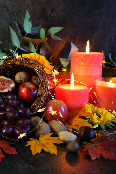 Thanksgiving cornucopia table setting centerpiece close up. - Photo, Image