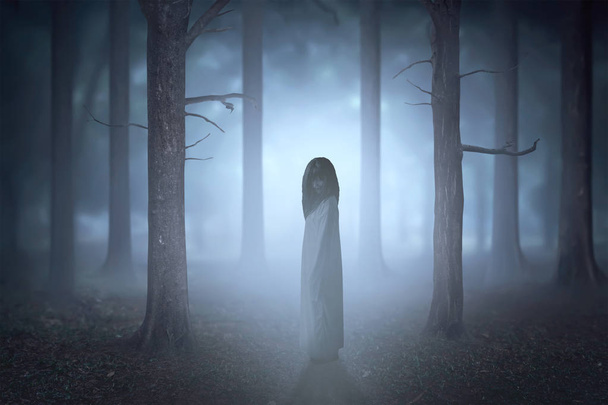 Strašidelná žena duchů s krví a špinavou tváří stojící v haunu - Fotografie, Obrázek