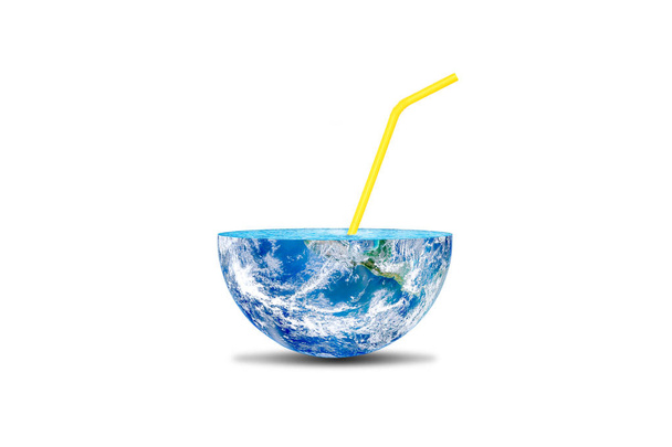 Ecology and Environmental Pollution Concept : Abstract image of yellow straw dip in water inside the earth. (Elements of this image furnished by NASA.) - 写真・画像