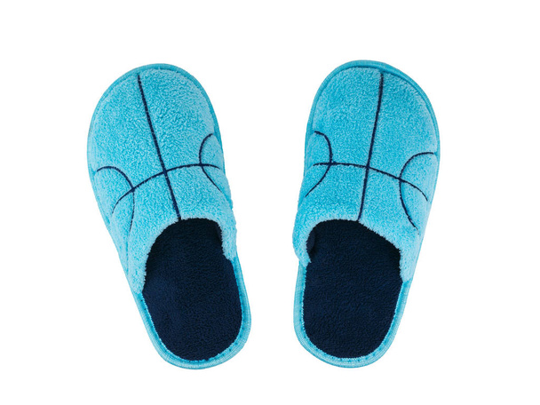 Paar blauwe slippers met donker blauwe borduurwerk geïsoleerd op witte achtergrond. - Foto, afbeelding