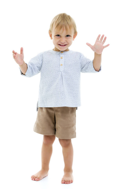 The little boy is emotionally waving his arms. - Фото, зображення