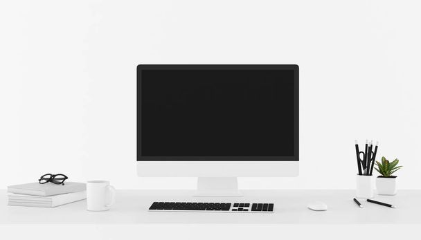 Макет рабочего места с аксессуарами, бизнес-пространство текста на белом фоне, ноутбук, клавиатура, чашка черного кофе, карандаши и компьютер.3D рендеринг
. - Фото, изображение