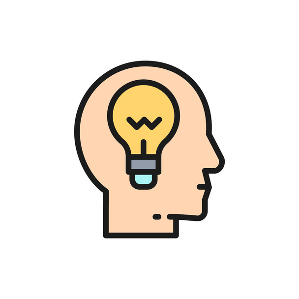 Vector head with lamp, idea generation, brain process flat color line icon. - Vector, Image