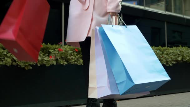 Jonge aantrekkelijke vrouw is winkelen. Lady met papieren zakken in haar handen staat op straat tegen de achtergrond van groene bloembed van de gevel van het winkelcentrum. Kerst vakantie, verkoop, Retail industrie concept 4k - Video