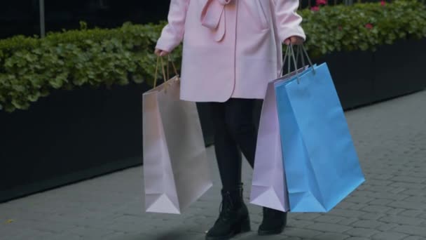 Jonge aantrekkelijke vrouw is winkelen. Lady met papieren zakken in haar handen staat op straat tegen de achtergrond van groene bloembed van de gevel van het winkelcentrum. Kerst vakantie, verkoop, Retail industrie concept 4k - Video