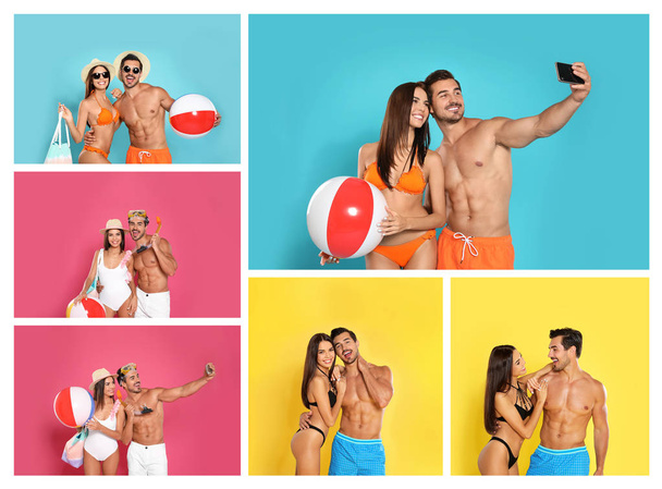 Collage of beautiful young woman in bikini with her boyfriend on color backgrounds. Lovely couple  - Foto, Bild