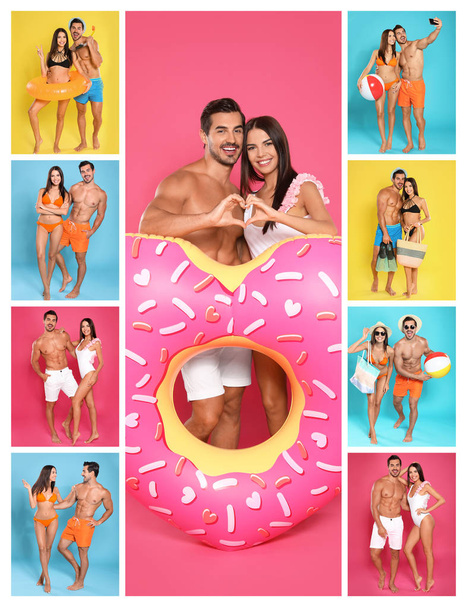 Collage of beautiful young woman in bikini with her boyfriend on color backgrounds. Lovely couple  - Foto, afbeelding