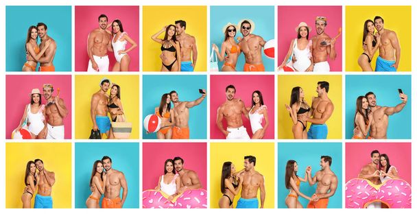 Collage of beautiful young woman in bikini with her boyfriend on color backgrounds. Lovely couple  - Foto, imagen