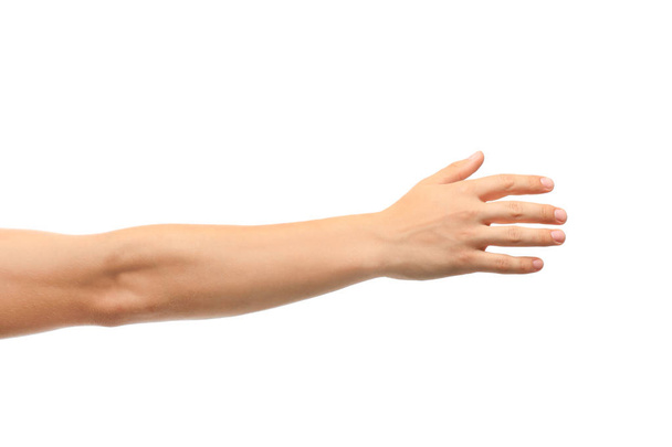 Young man held out hand on white background, closeup - Photo, image