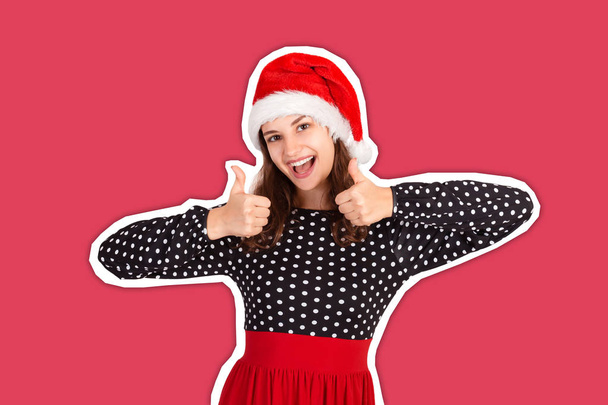 Young woman model in dress showing thumbs up and put hands up looking at camera. Magazine collage style with trendy color background. holiday concept - Zdjęcie, obraz