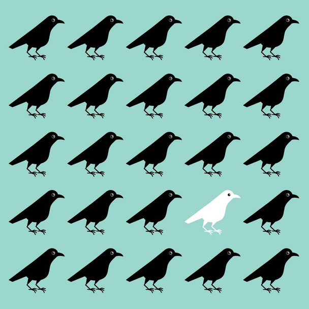 Vector illustration of white crow among black crows, unlike others, the interest of neighbors, outstanding unusual personality - Vecteur, image