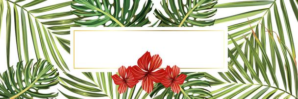 Tropikal arka plan. Çiçek ve palmiye duvar kağıdı. Vektör orman illüstrasyon. Yeşil tropikal arka plan afişi - Vektör, Görsel