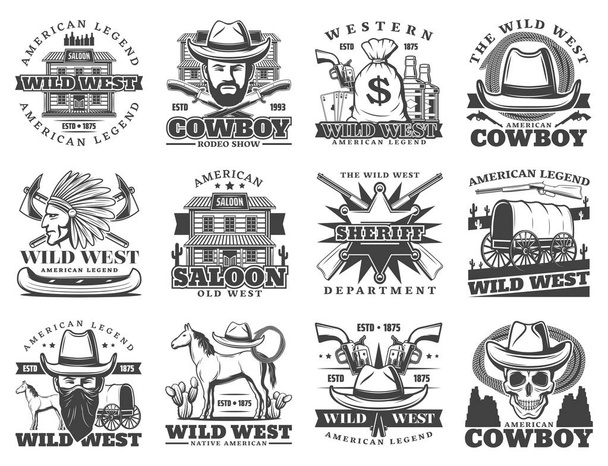 Західний седан, ковбой, Дикий Захід ізольовані іконки - Вектор, зображення