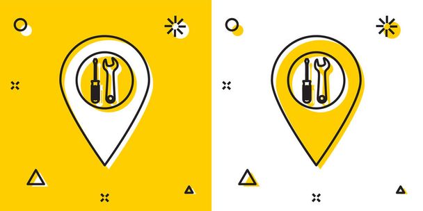 Nero Posizione con cacciavite incrociato e chiave utensili icona isolata su sfondo giallo e bianco. Simbolo impostazioni puntatore. Forme dinamiche casuali. Illustrazione vettoriale
 - Vettoriali, immagini