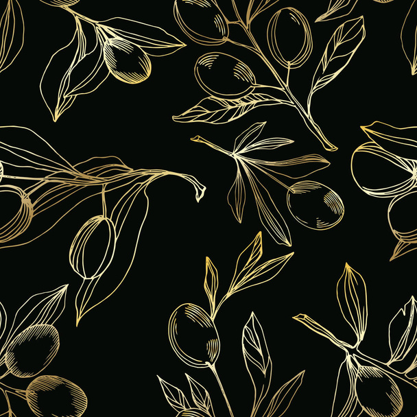 Vector Olive branch with fruit. Black and white engraved ink art. Seamless background pattern. - Vecteur, image