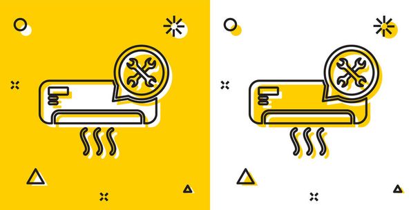 Zwarte airconditioner met schroevendraaier en moersleutel pictogram geïsoleerd op gele en witte achtergrond. Aanpassing, service, instelling, onderhoud, reparatie, bevestiging. Willekeurige dynamische vormen. Vector illustratie - Vector, afbeelding