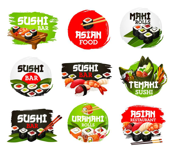 Japán konyha sushi, tekercs, temaki, Uramaki - Vektor, kép