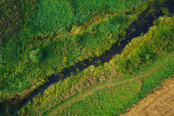 Uitzicht vanuit de lucht op riviertje omgeven door groen gras, waterstroom - Foto, afbeelding