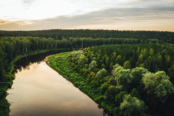 Αεροφωτογραφία από drone σε δασικές όχθες του ποταμού και πράσινα δέντρα του δάσους. - Φωτογραφία, εικόνα