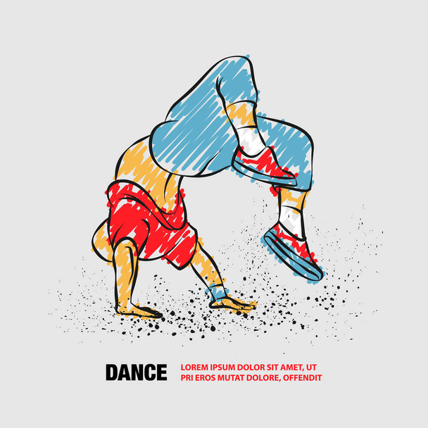 Breakdancer csinál egy hátsó flip. A férfi táncoló hip-hop stílusban. Vektor vázlatos Breakdancer a irkál Doodles. - Vektor, kép