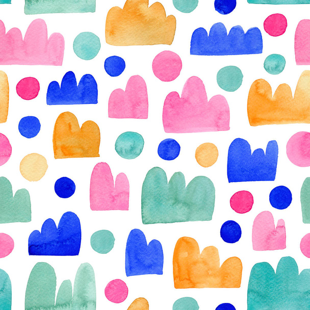 Colorful watercolor seamless childish pattern. Multicolors circles and elements imitating mountains, clouds or crowns.  - 写真・画像