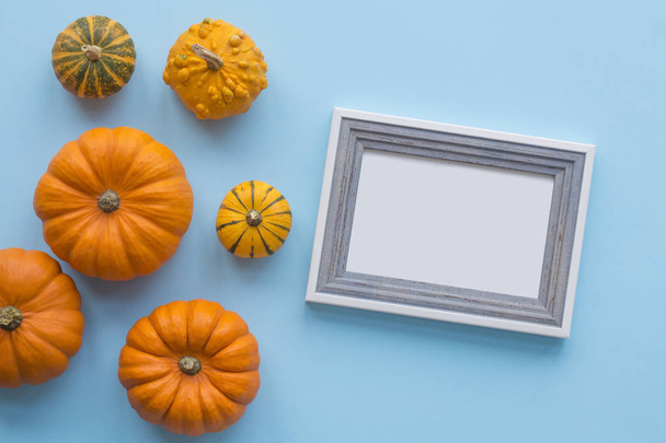 Decorative pumpkins and frame mockup for sign on a blue background - Photo, image