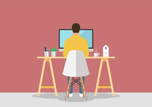 Man working on computer in modern style workplace - Vector, Image