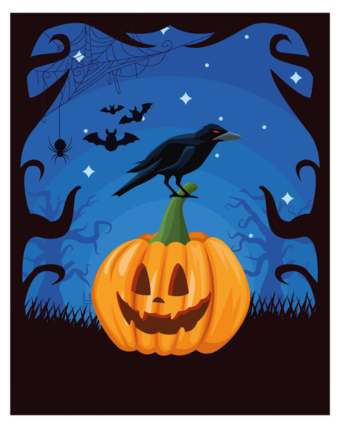 Halloween dark scene with pumpkin in night
 - Вектор,изображение