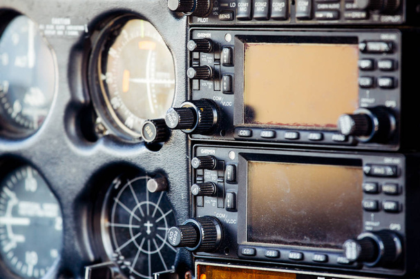 Old Small Airplane instrument panel in flight - 写真・画像