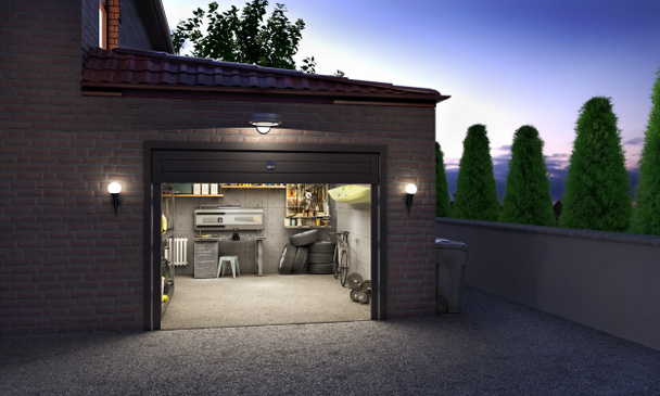 Garage esterno la sera con porta aperta, illustrazione 3d
 - Foto, immagini